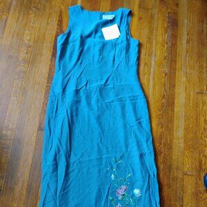 Silk Lore By Beth Terrel 100% Silk Blue Sleeveless Dress w/Embroidery - NWT Sz12